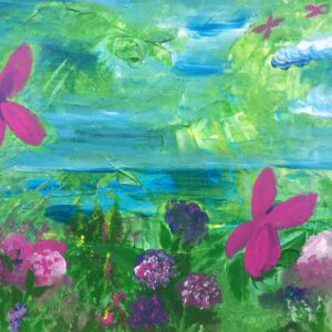 Landschap met water, bloemen en vlinders. Intuïtief geschilderd met acrylverf. Schilderij is gemaakt tijdens de schilderles uit het programma Tekenen is Wellness, Schilderen is Freedom.