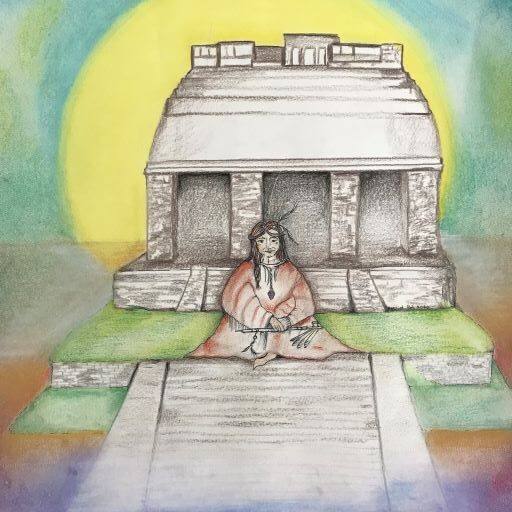 de sjamanka voor de tempel, een van de tekeningen in de cursus